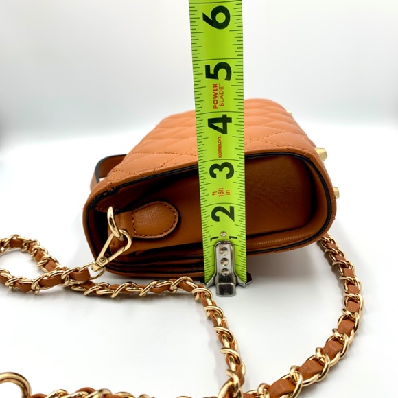 Chic brown/tan top handle trendy quilted shoulder crossbody bag gold-tone chain - Picture 11 of 13